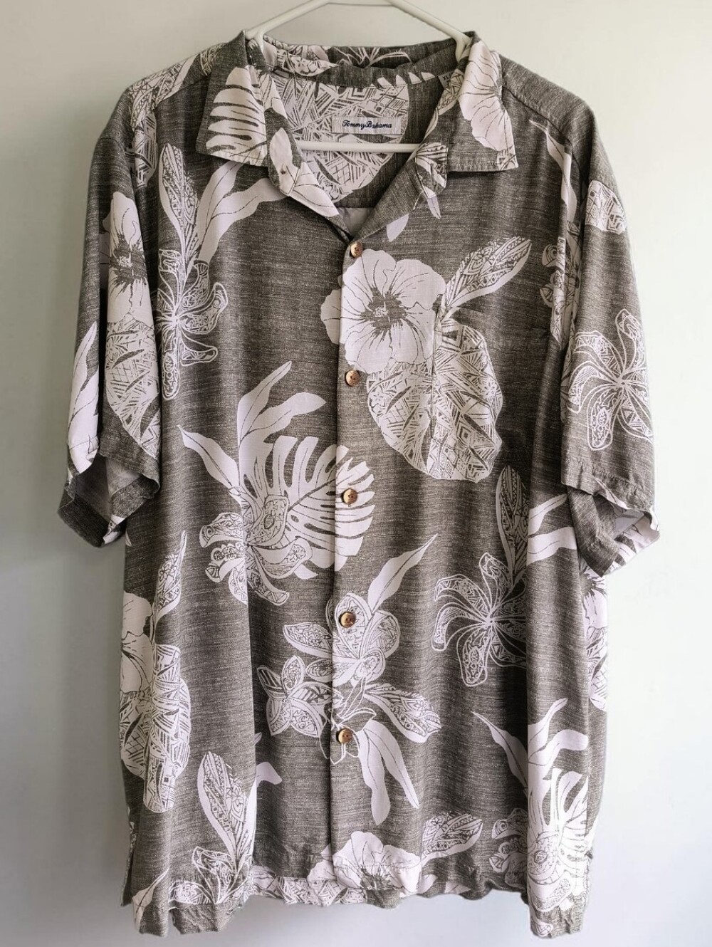 Tommy Bahama Gray and White Tropical Print Camp Shirt